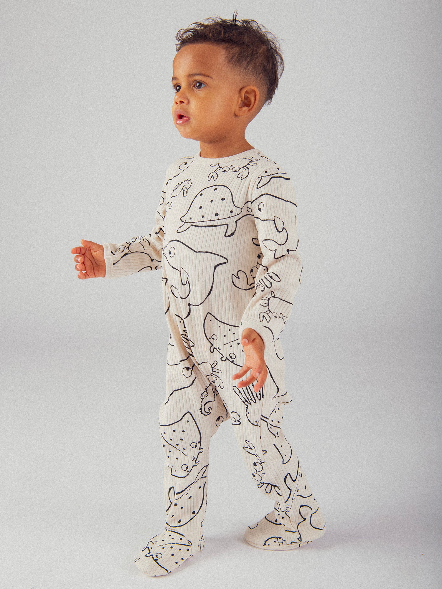 Grenouillère écrue avec imprimé intégral "Animaux Marins" pour bébé garçon