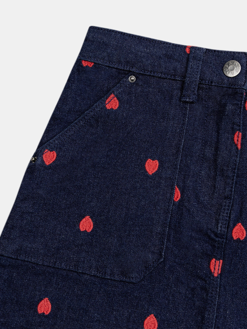 Jupe bleu en denim et broderies cœur pour fille