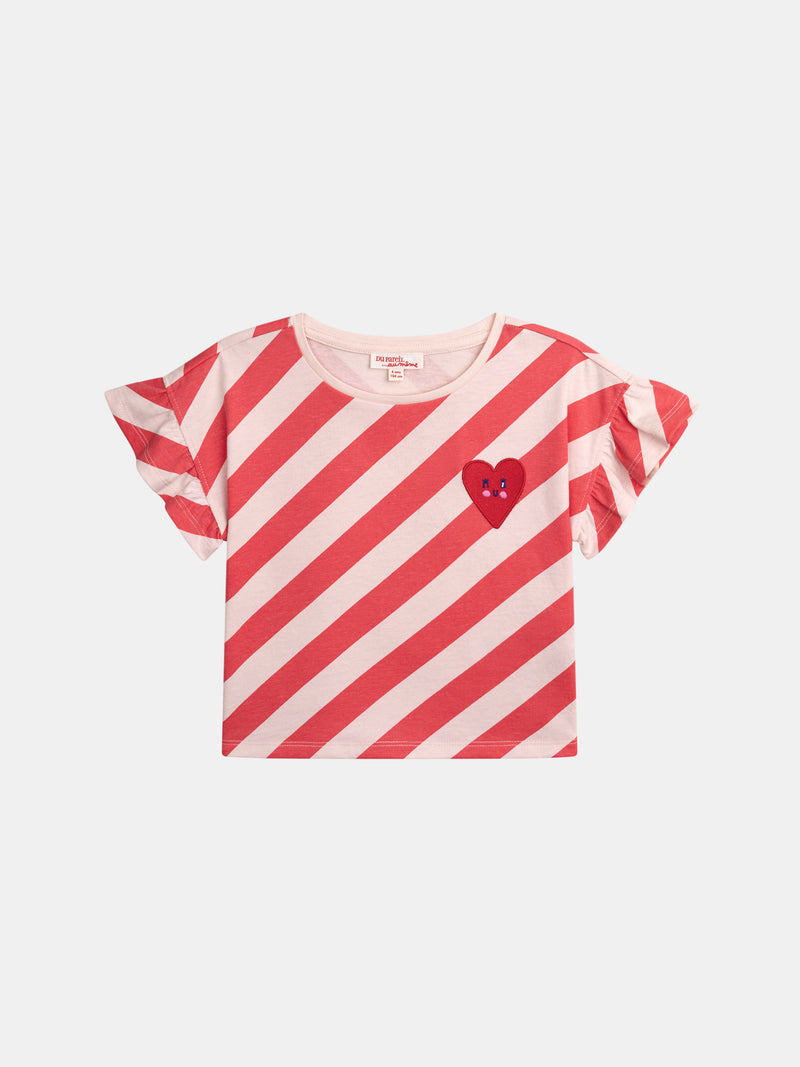 T-shirt Rosa Listrada de Manga Curta com Distintivo para Meninas