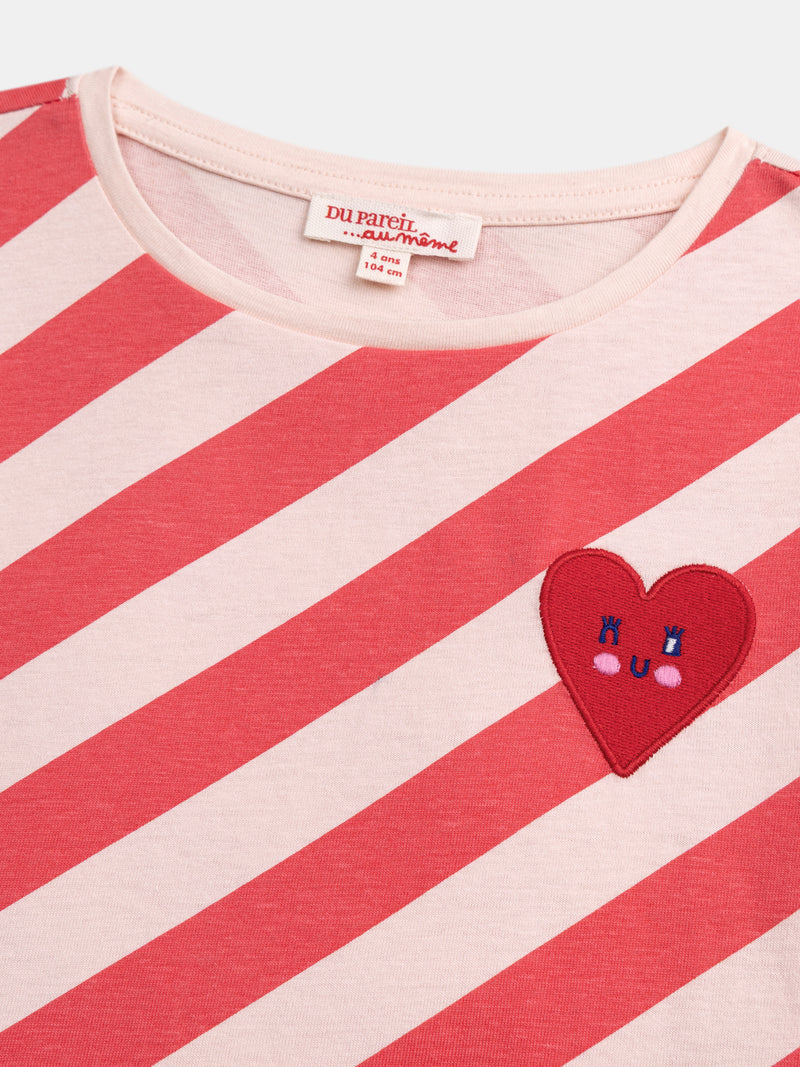 T-shirt Rosa Listrada de Manga Curta com Distintivo para Meninas
