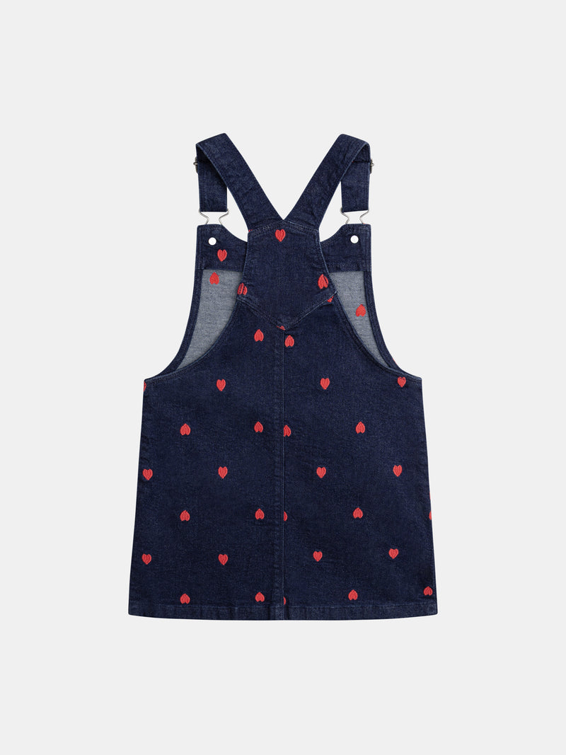 Vestido-salopette azul em denim com bordados de coração para meninas