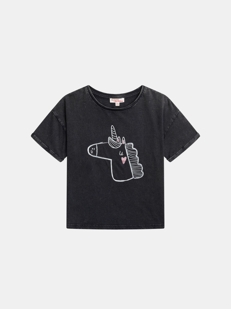 T-shirt cinza escuro com animação de unicórnio para meninas