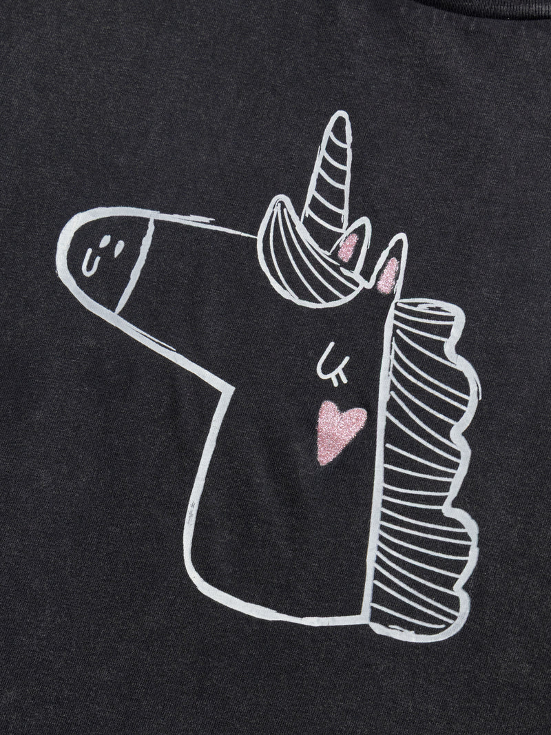 T-shirt cinza escuro com animação de unicórnio para meninas