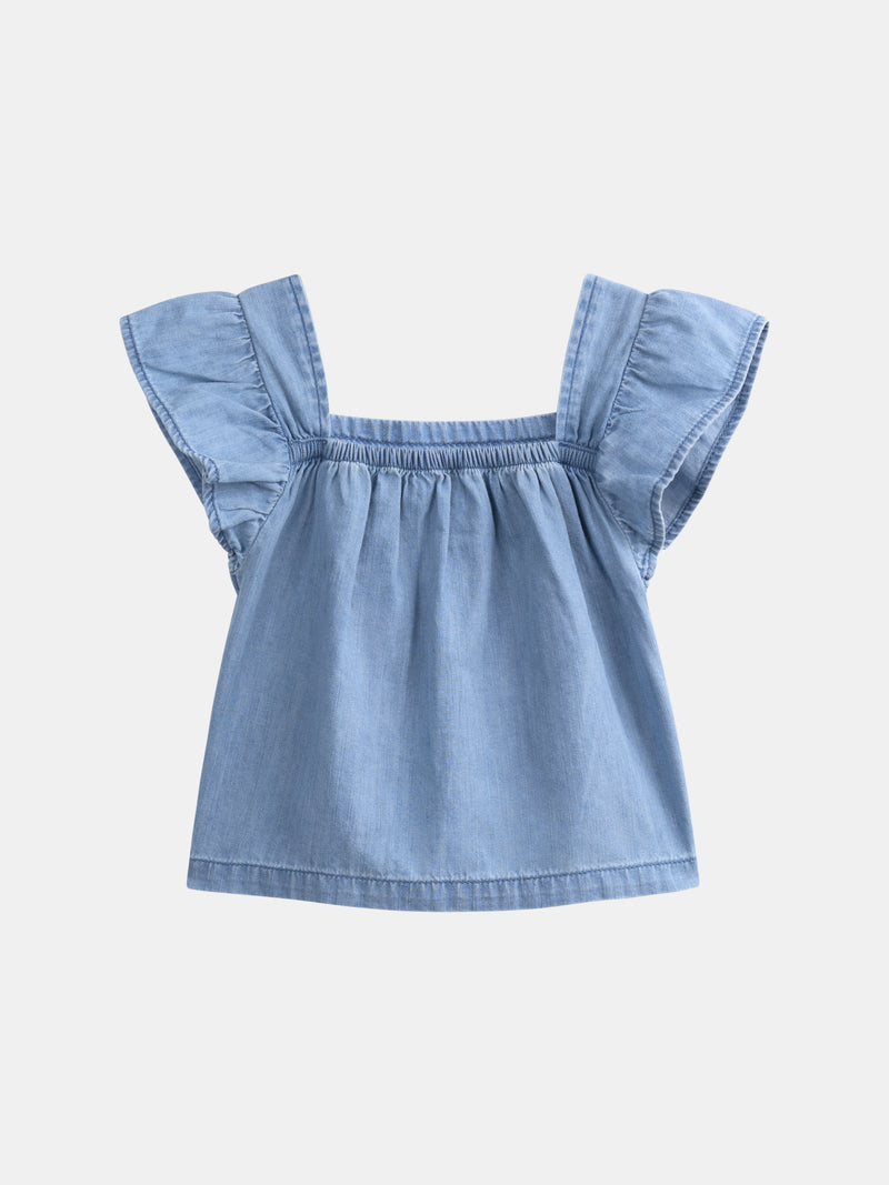 Blusa azul com bordados florais para menina