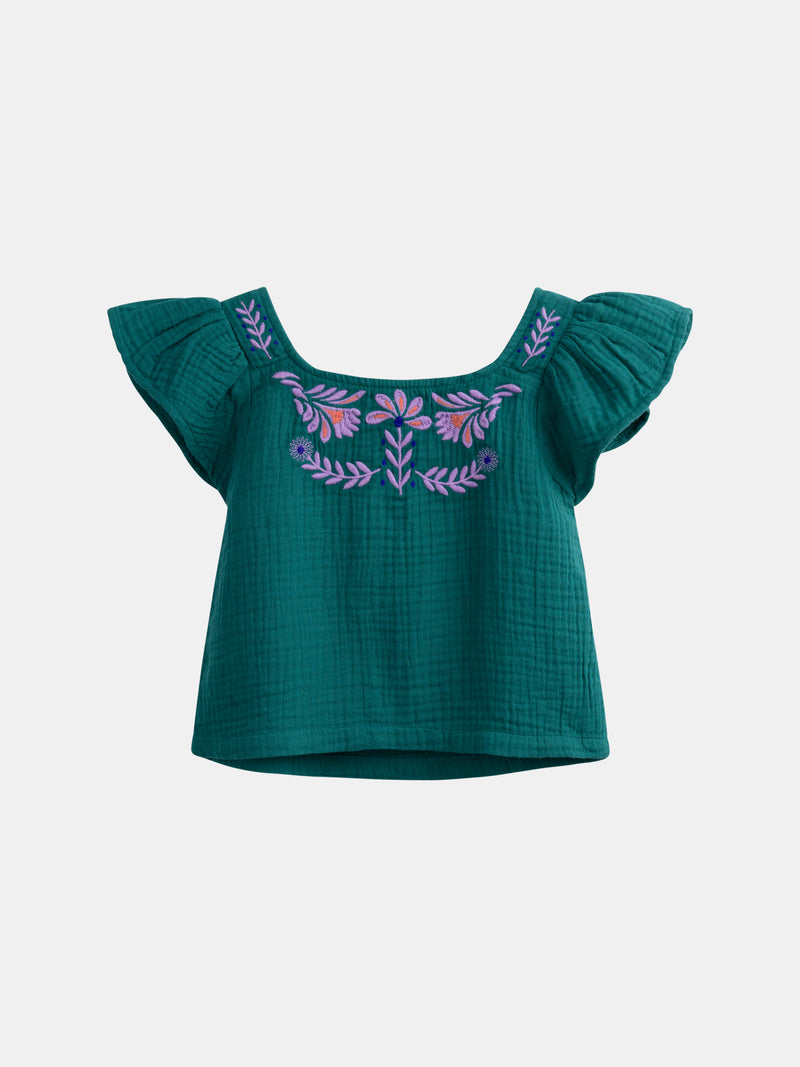 Blusa verde com bordados florais para menina