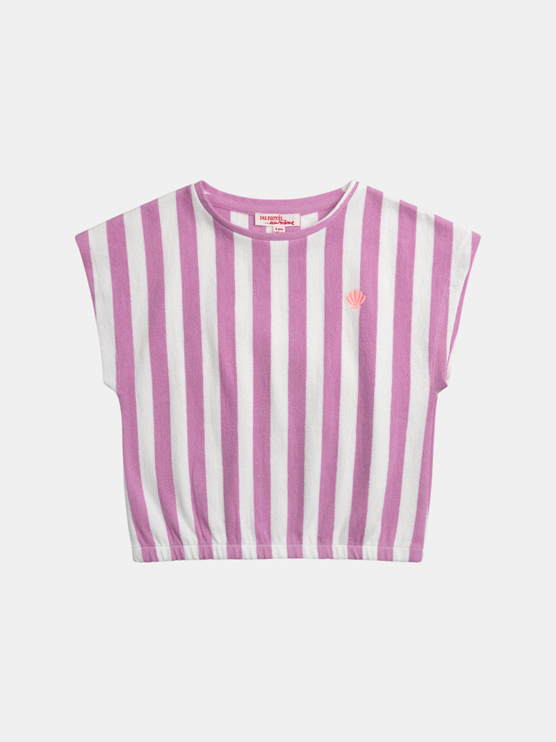 T-shirt às Riscas Rosa e Ecru para Menina