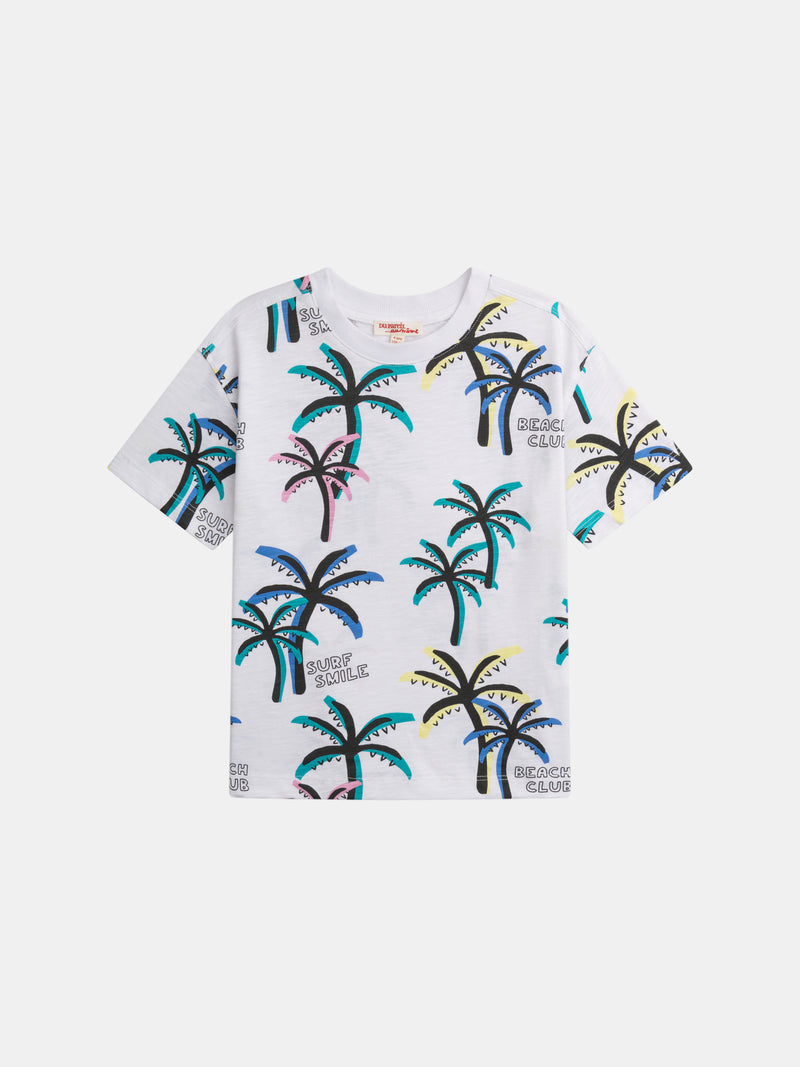 Camiseta branca com estampado de palmeiras para rapaz