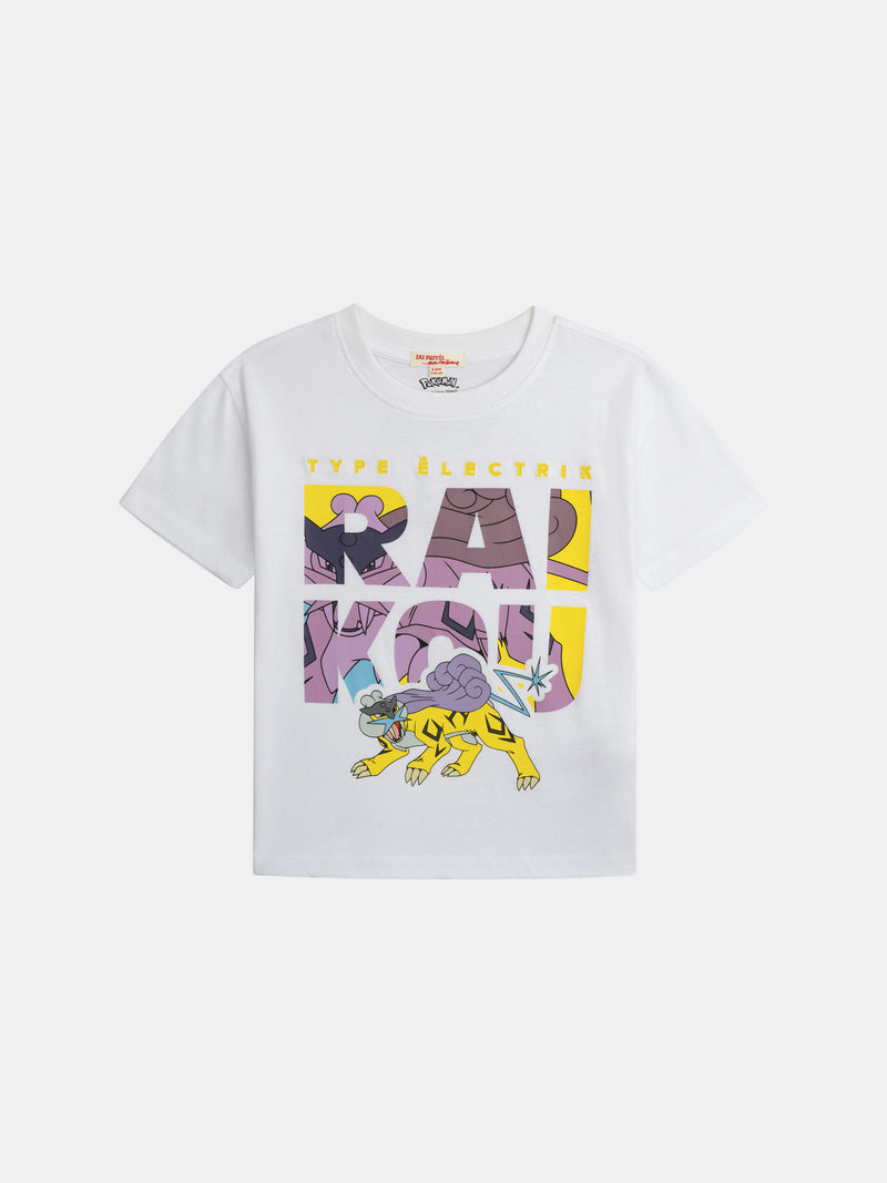 T-shirt branca com animação de Pokémon Raikou