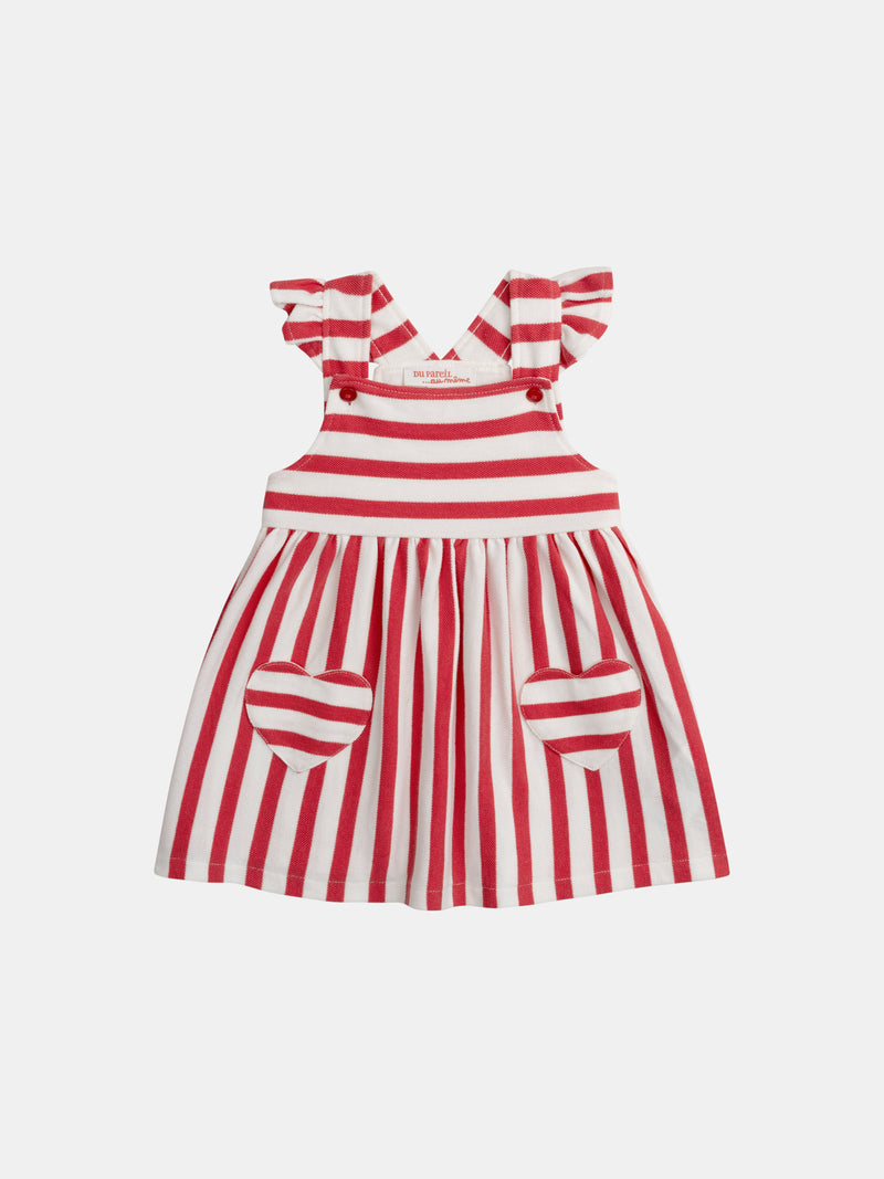 Vestido risca vermelha e creme com bolsos em forma de coração para bebés