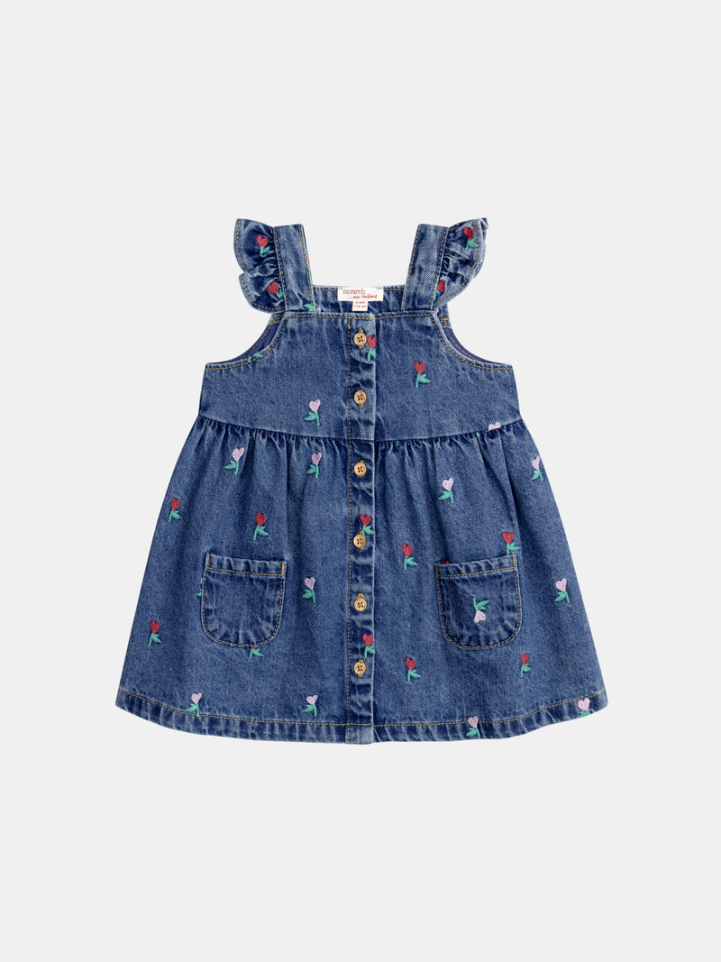 Vestido em denim com bordados de corações florais para bebé menina