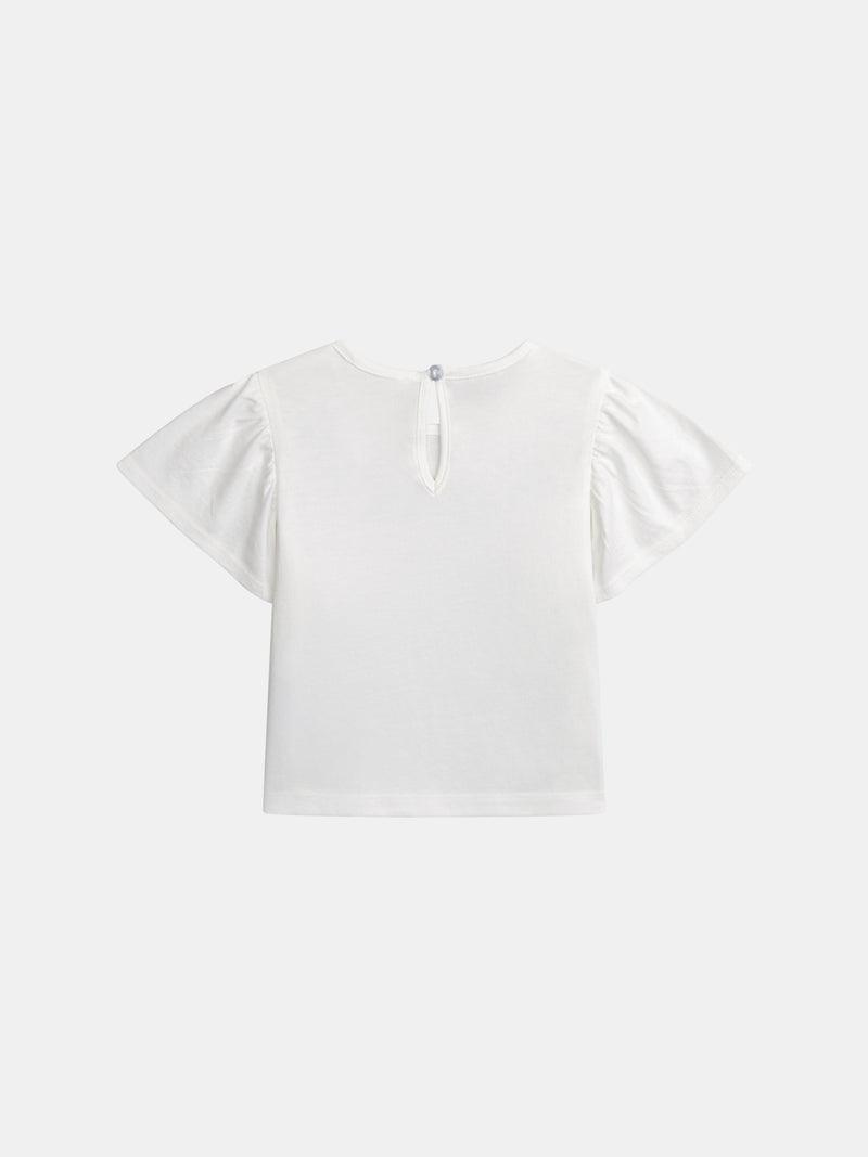 Camiseta ecru bordada com flores e mangas de ondas para menina