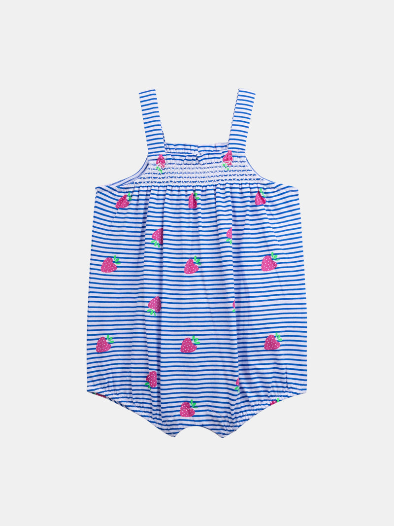 Macacão azul e branco às riscas com estampado de morangos para menina bebé