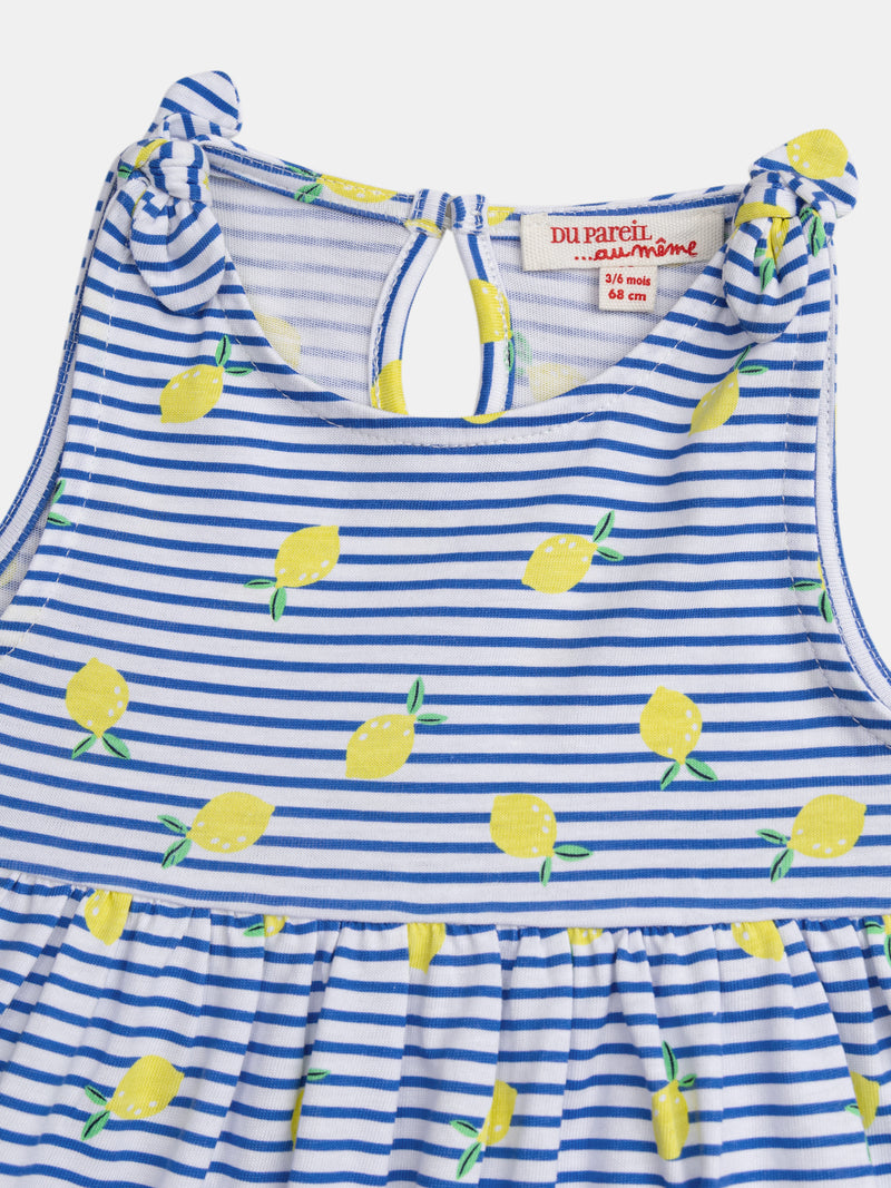 Vestido às riscas azuis e brancas com estampa de limões para menina