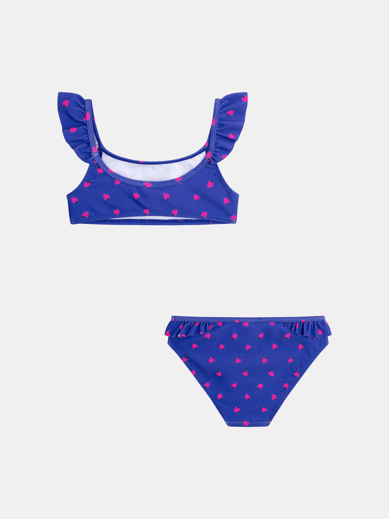 Fato de banho azul de 2 peças com estampado de morangos para meninas.PRODUCT