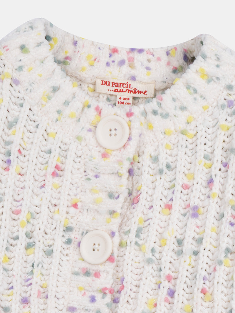 Cardigan branco partido em malha com bolinhas multicoloridas para menina