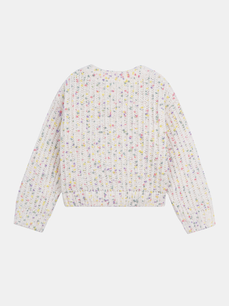 Cardigan branco partido em malha com bolinhas multicoloridas para menina