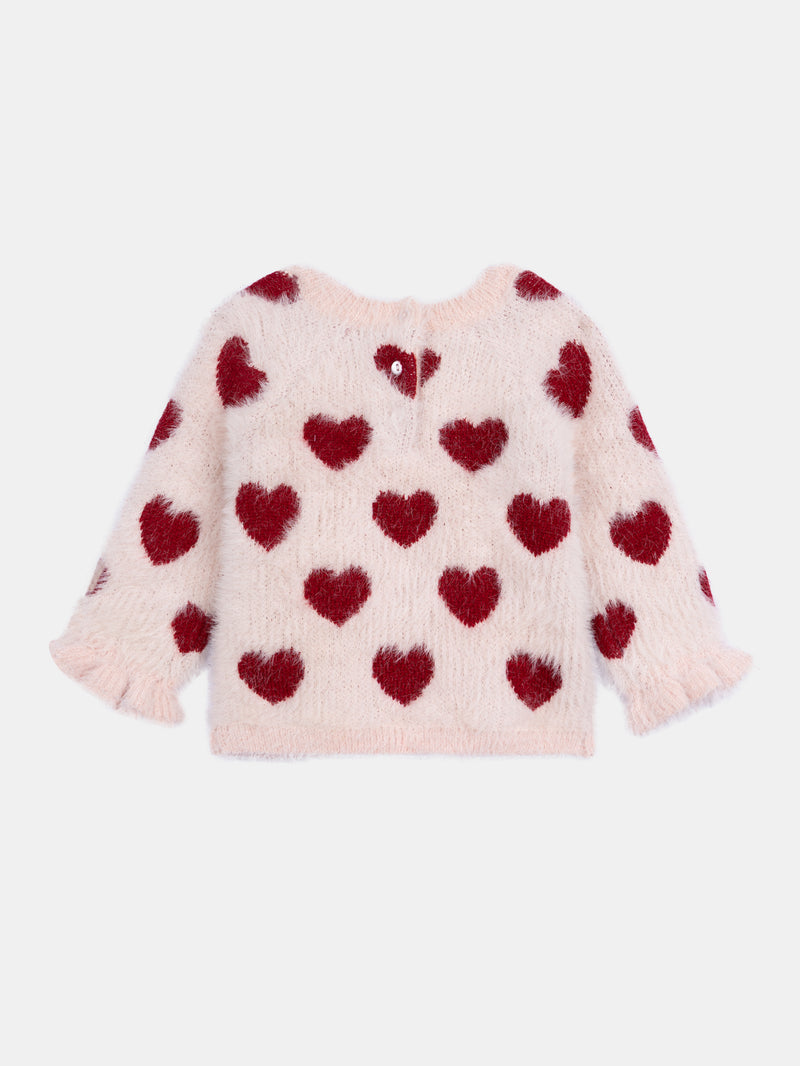 Pull rose craie à motif cœurs pour bébé fille
