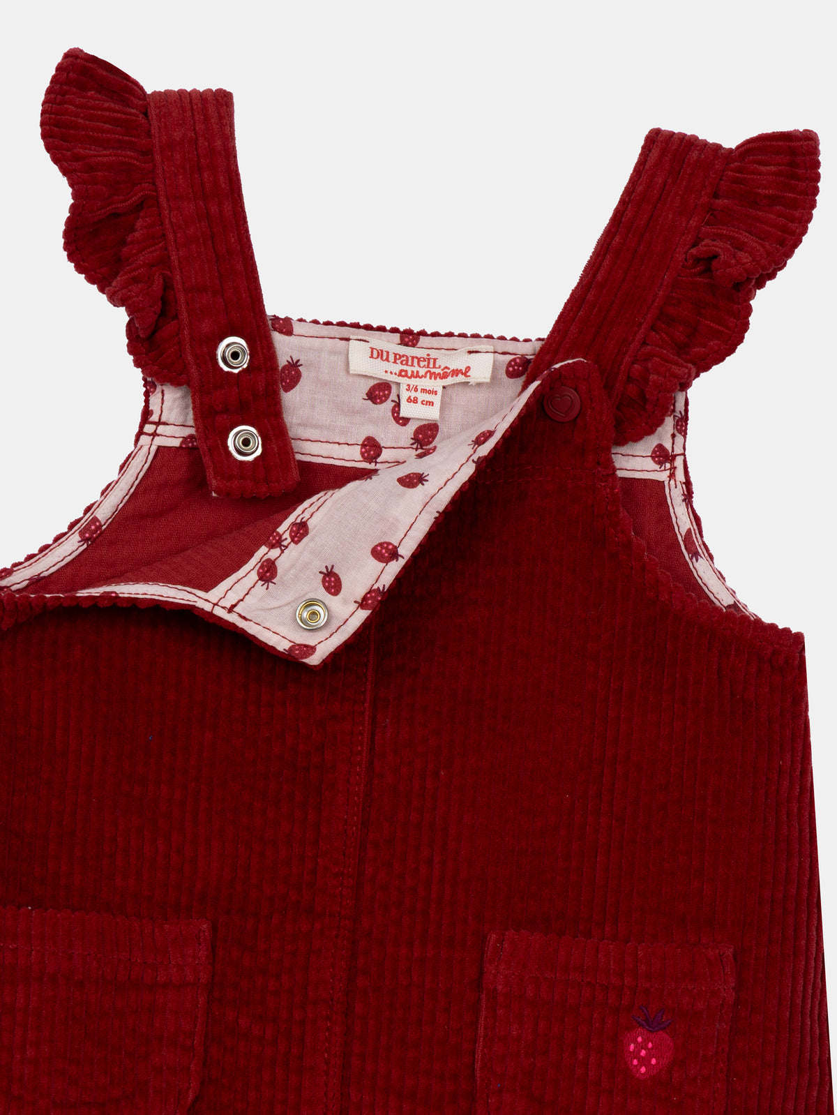 Vestido de jardineira em veludo cotelê vermelho tijolo para menina bebé
