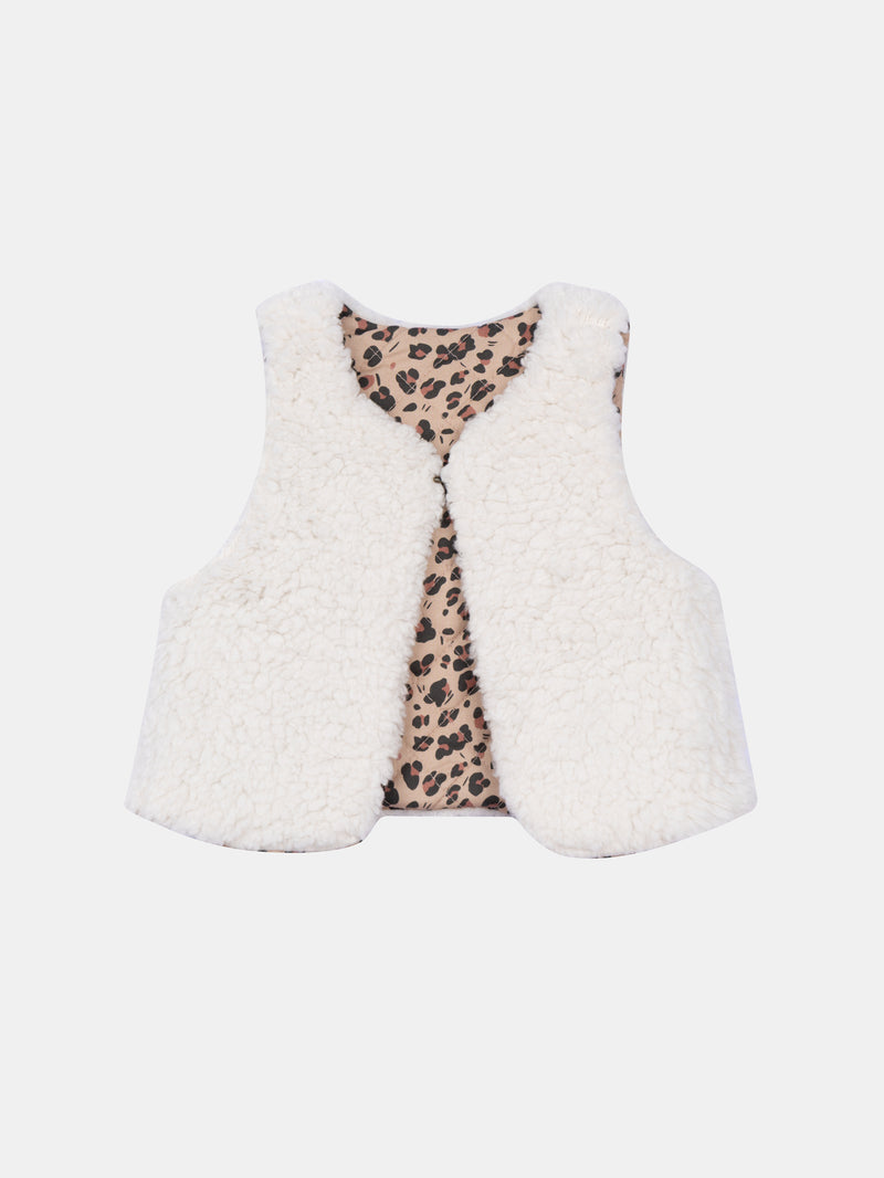 Gilet sans manches réversible écru et imprimé léopard pour bébé fille