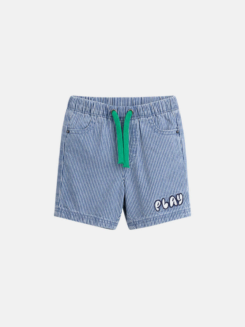 Bermuda de denim riscado "Play" azul e ecru para menino
