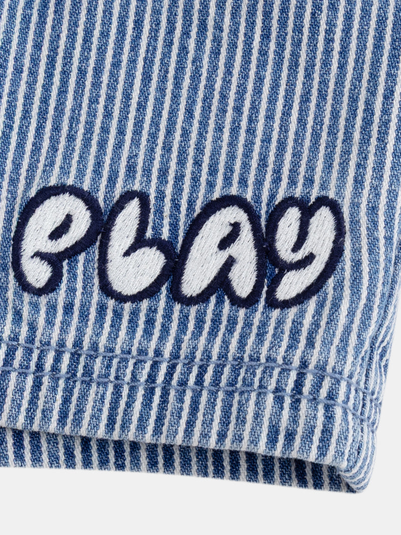 Bermuda de denim riscado "Play" azul e ecru para menino