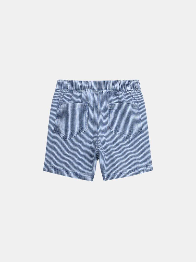 Bermuda de denim riscado "Play" azul e ecru para menino