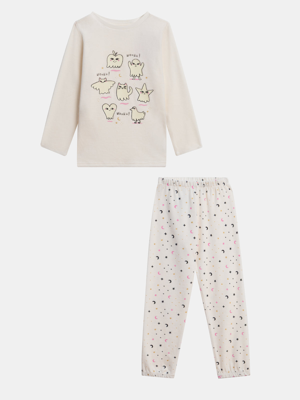 Pyjama 2 pièces écru en velours à motifs fantômes phosphorescents pour enfant fille