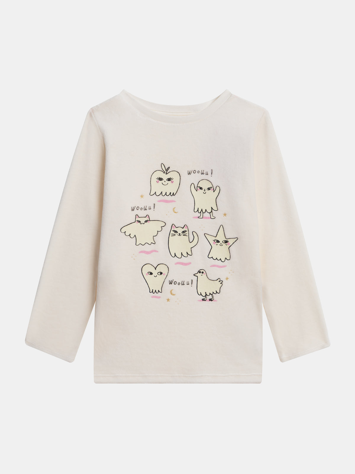 Pyjama 2 pièces écru en velours à motifs fantômes phosphorescents pour enfant fille