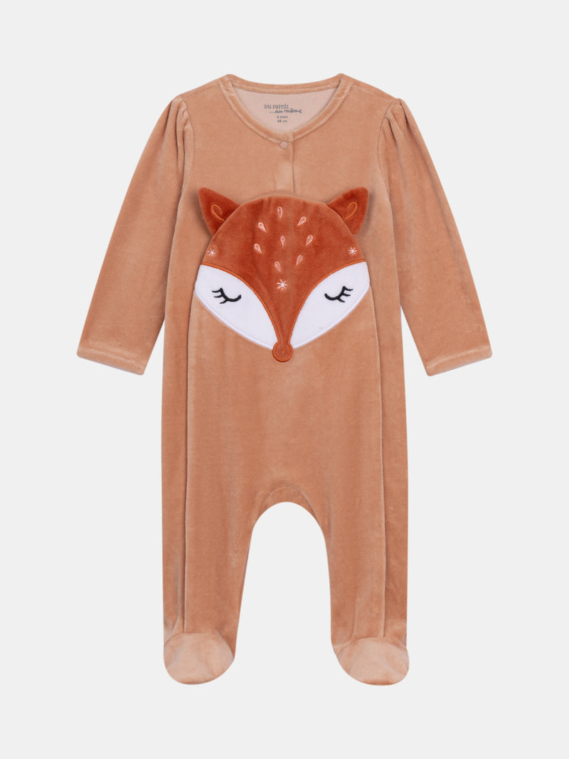 Grenouillère en velours caramel motif renard pour bébé fille