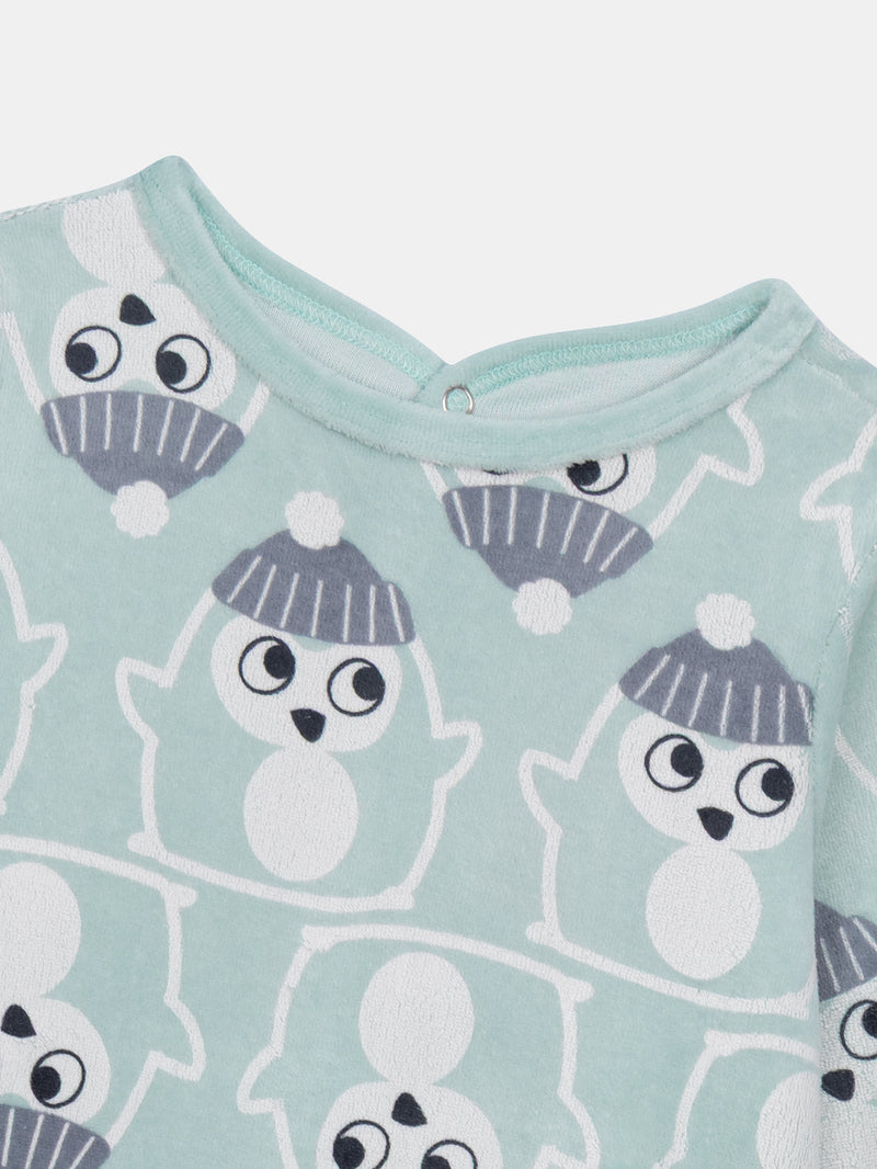 Grenouillère en velours vert de gris imprimé pingouins pour bébé garçon