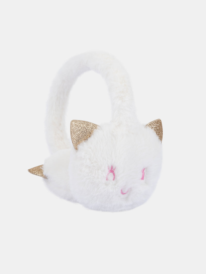 Cache-oreilles écru motif tête de chat pour fille