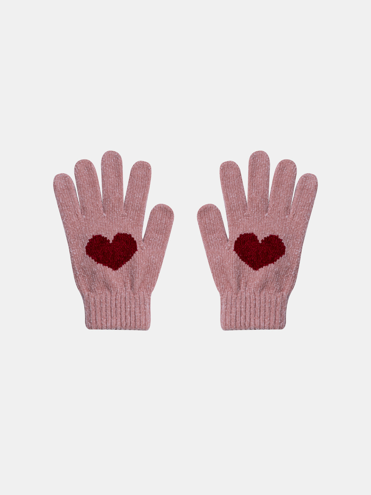 Gants rose en tricot à coeur rouge pour fille