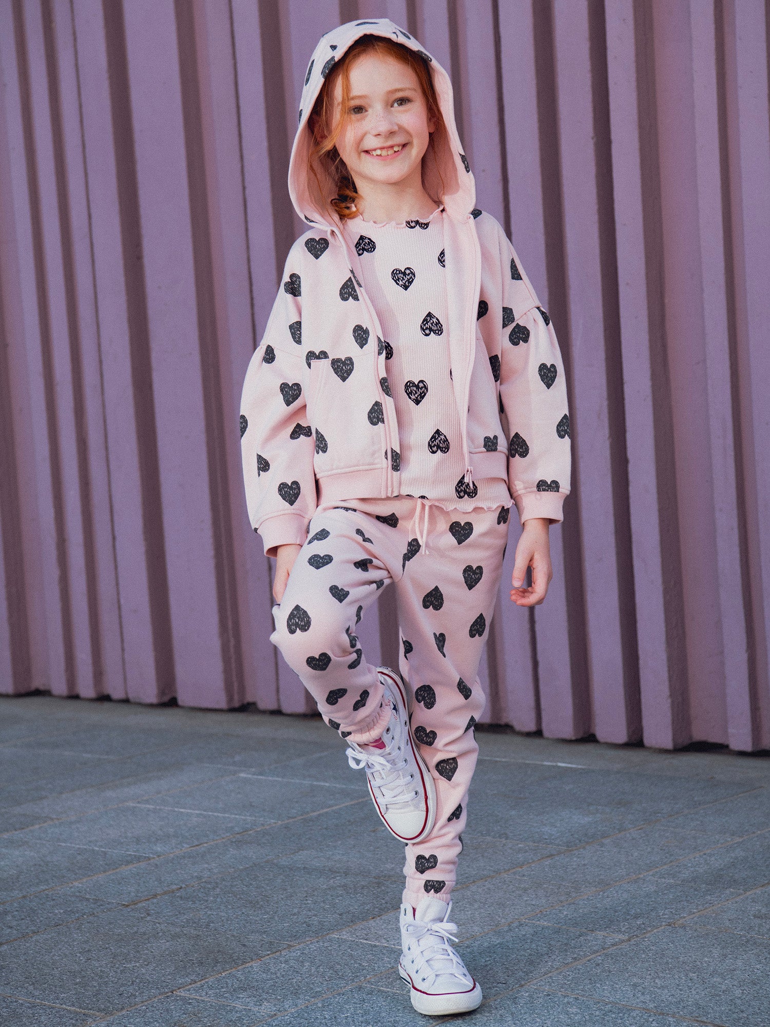 Haut de jogging rose imprimé coeur pour fille