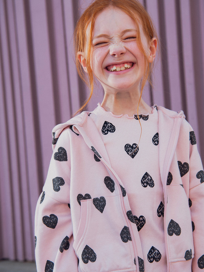 Camisola de jogging rosa com estampado de coração para meninas