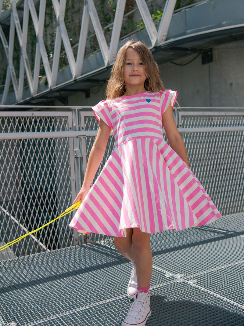 Vestido ecru com riscas rosa para meninas