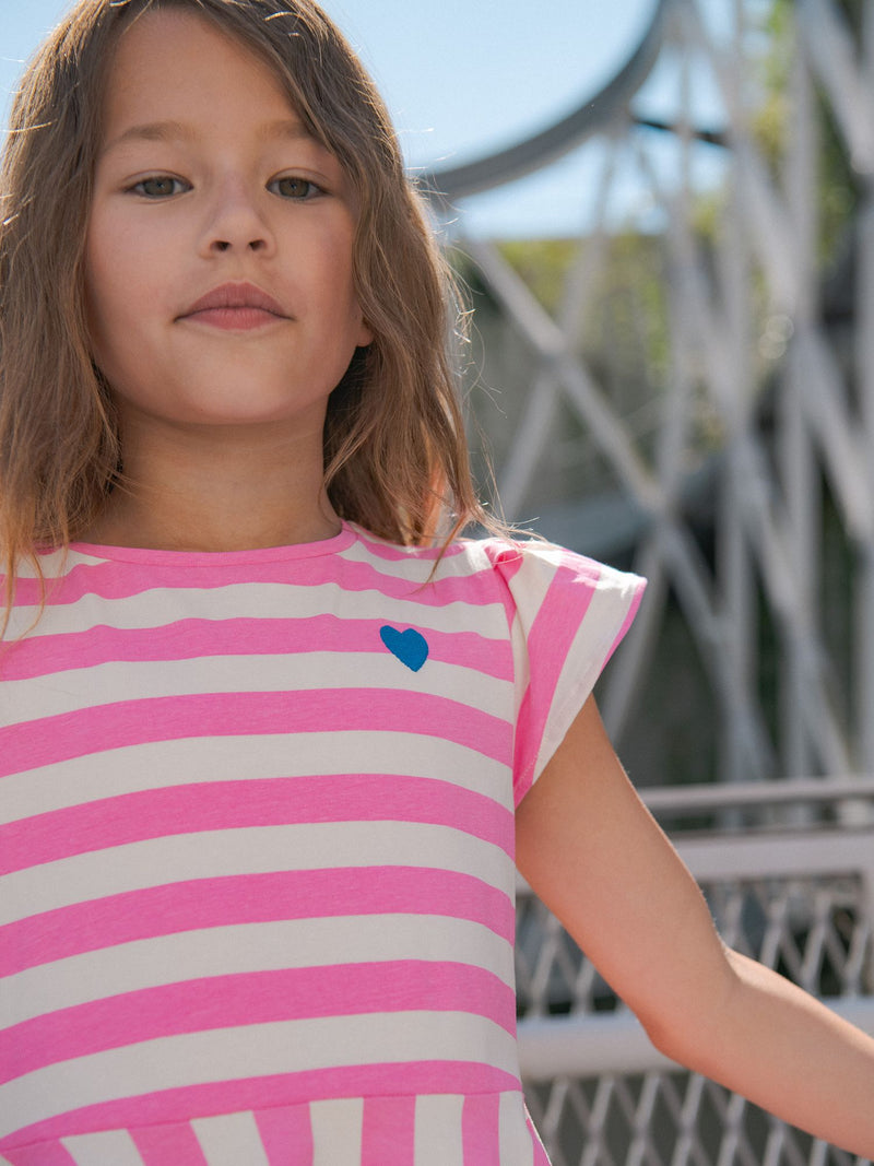 Vestido ecru com riscas rosa para meninas