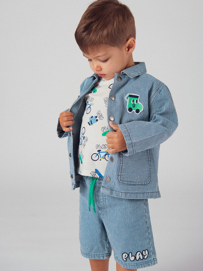 Bermuda de denim riscado "Play" azul e ecru para menino