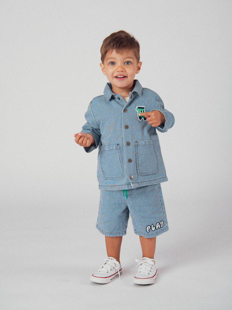 Bermuda de denim riscado "Play" azul e ecru para menino