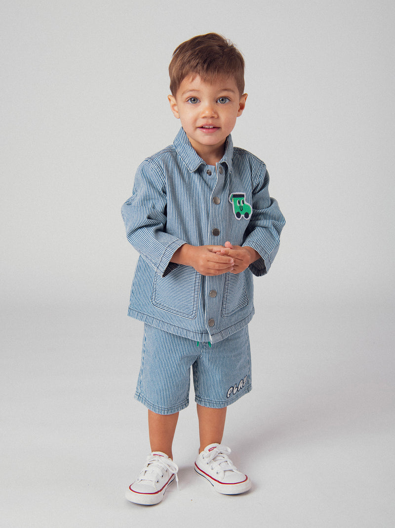 Bermuda de denim riscado "Play" azul e ecru para menino