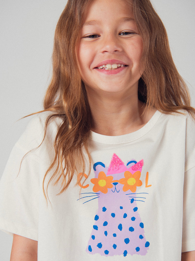T-shirt ecru de mangas curtas com animação animal para raparigas
