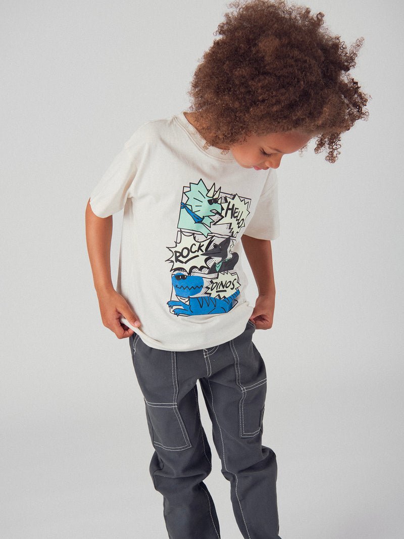 T-shirt fosforescente com animação de banda desenhada de dinossauros para menino
