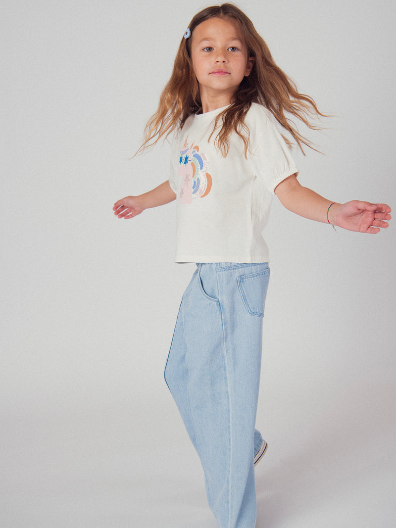 T-shirt écru animation tête de licorne pour fille