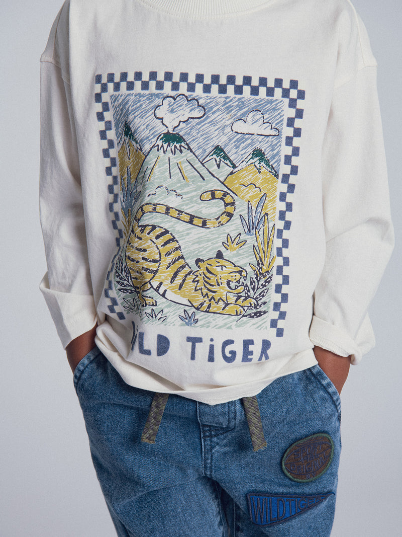 T-shirt écru à manches longues et animation tigre pour garçon