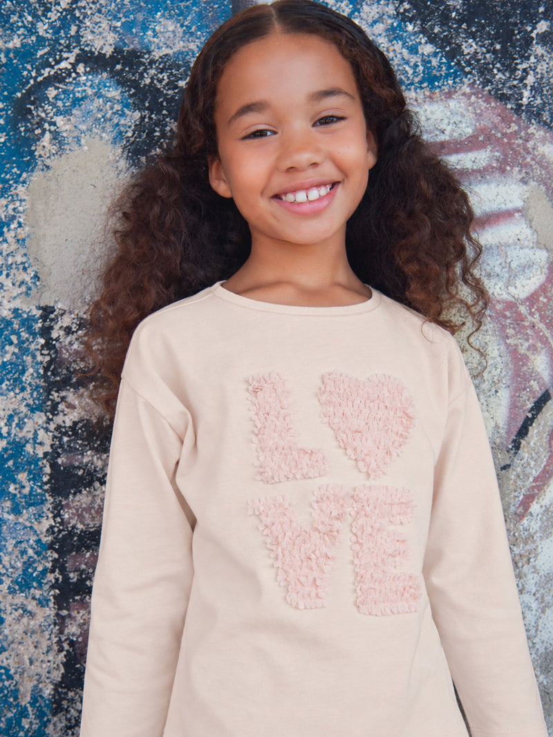 T-shirt écru a manches longues et animation LOVE en 3D pour fille