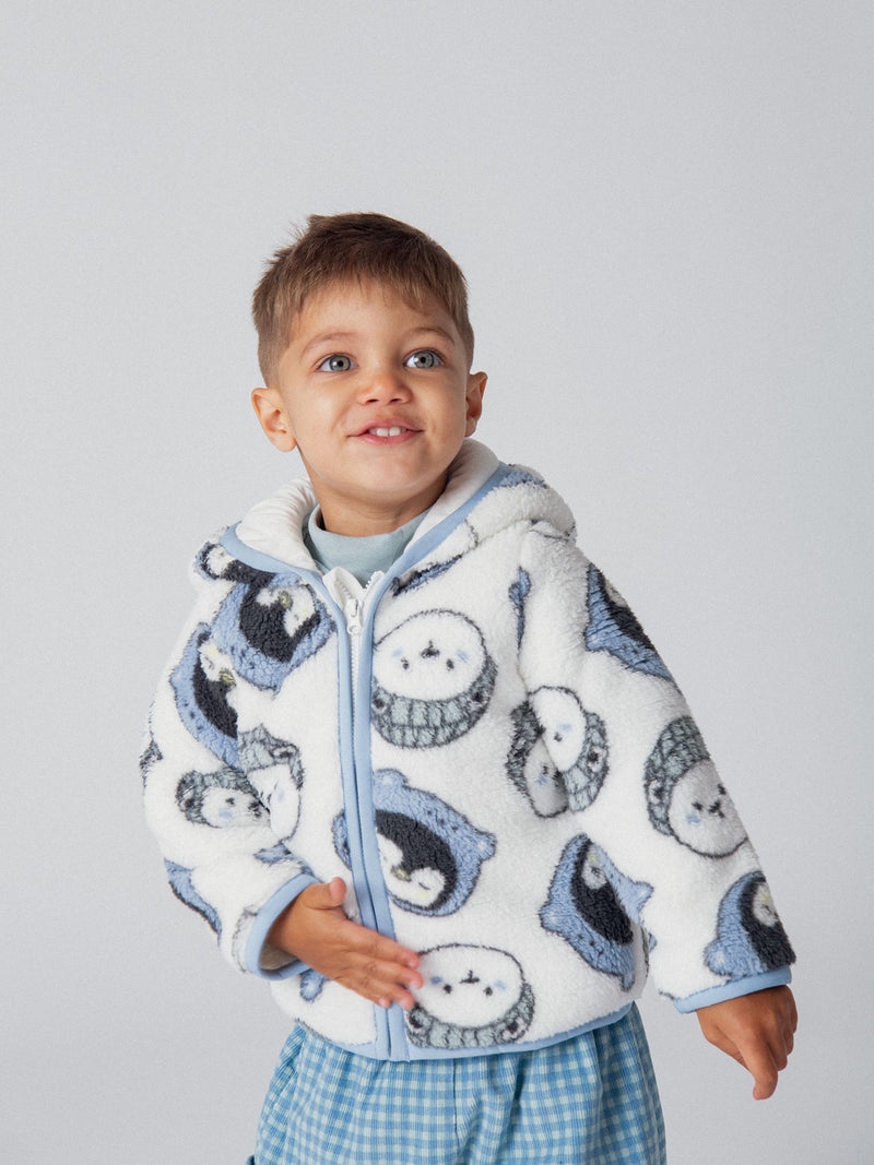 Gilet à capuche en sherpa imprimé pingouins et oursons pour bébé garçon