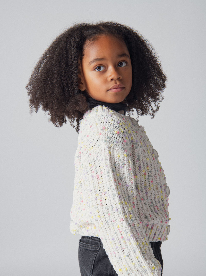 Cardigan branco partido em malha com bolinhas multicoloridas para menina