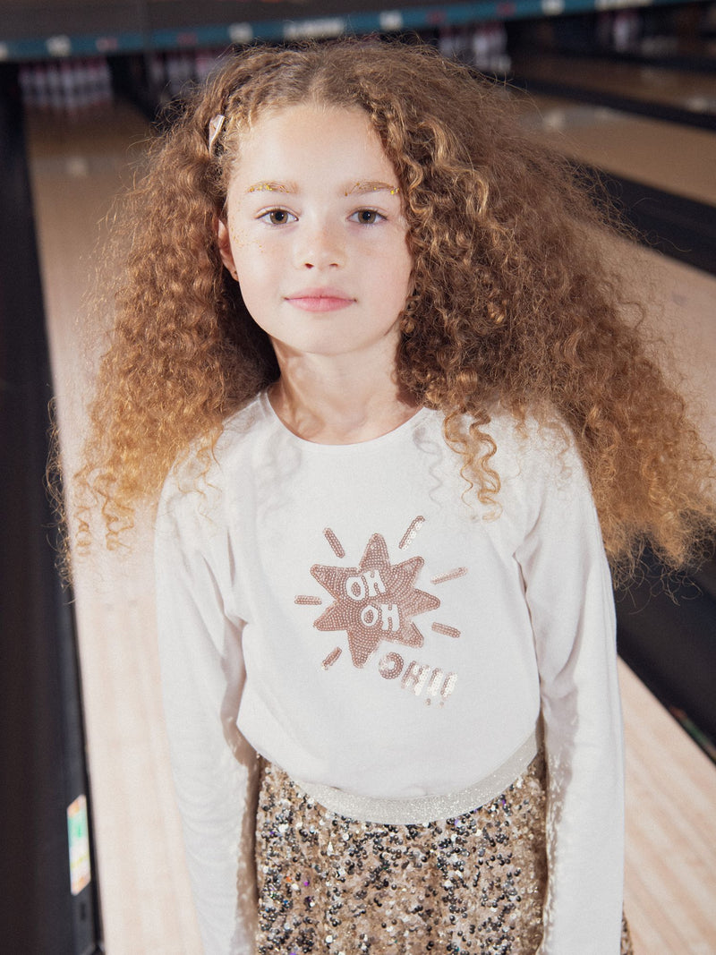 T-shirt écru animation à sequins doré pour fille
