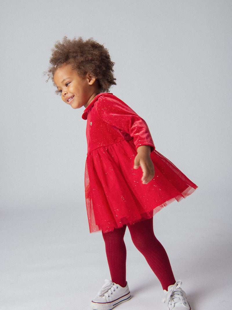 Robe de fête rouge en velours et tulle pailleté pour bébé fille