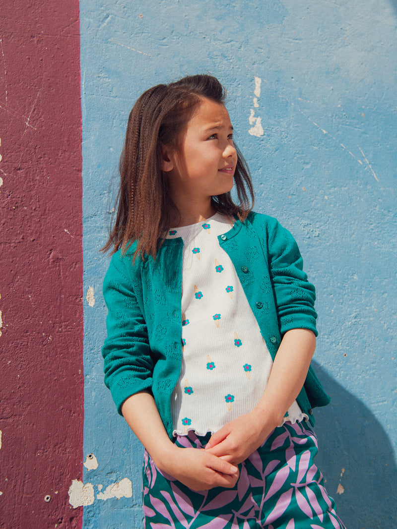 Cardigan verde em ponto floral para menina
