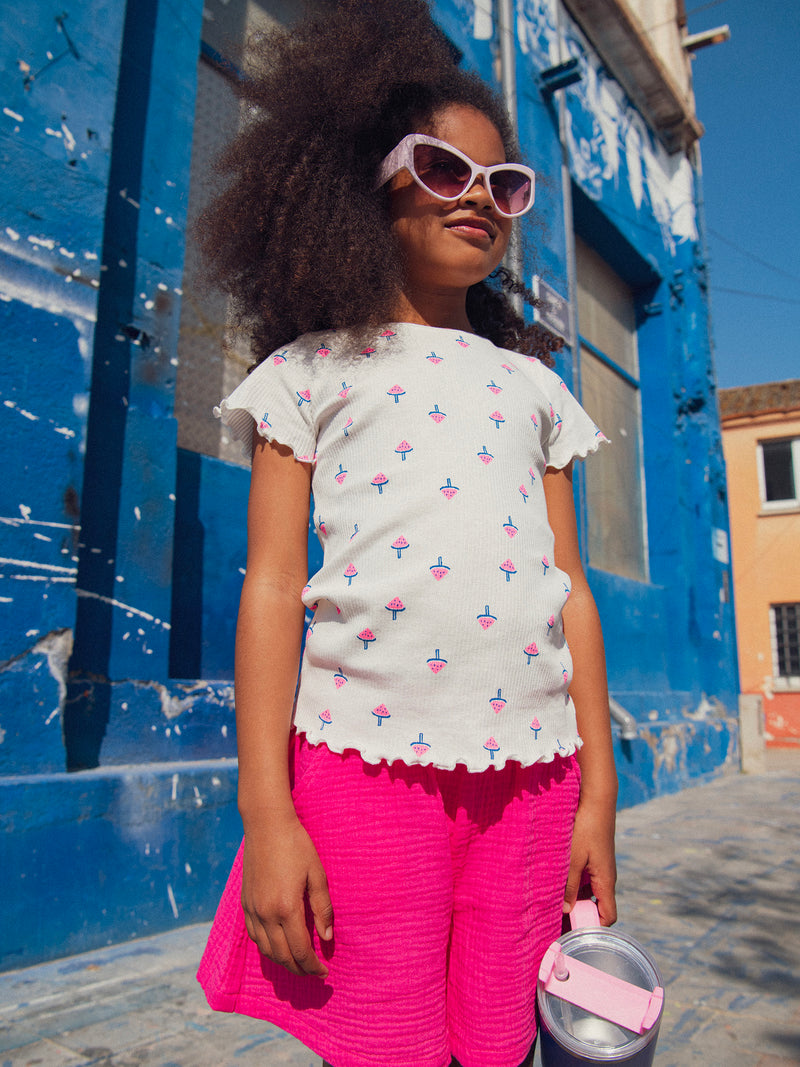 T-shirt em cabo ecru com estampado de gelado de melancia para meninas